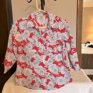 Rose Pink & White Floral Design Button-Down Blouse - S